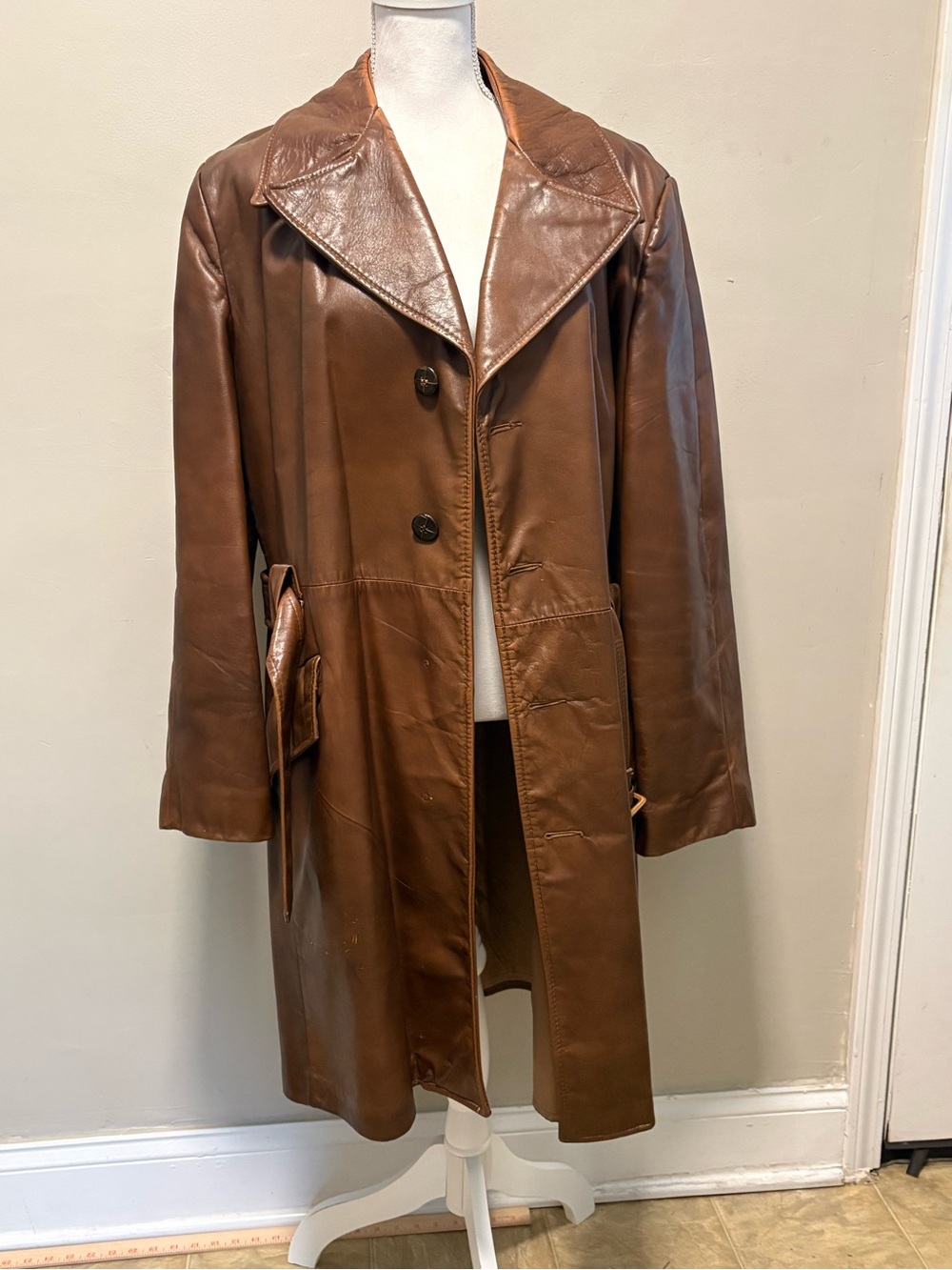 Vintage Brown Leather Long Coat - Women’s Classic Trench